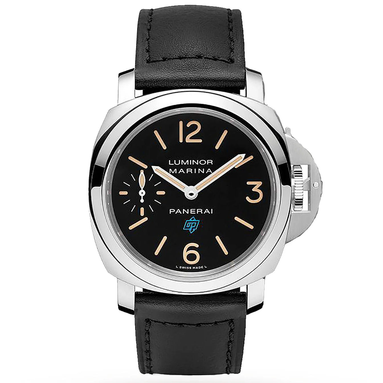 Panerai watch with black leather strap and black dial on a white background