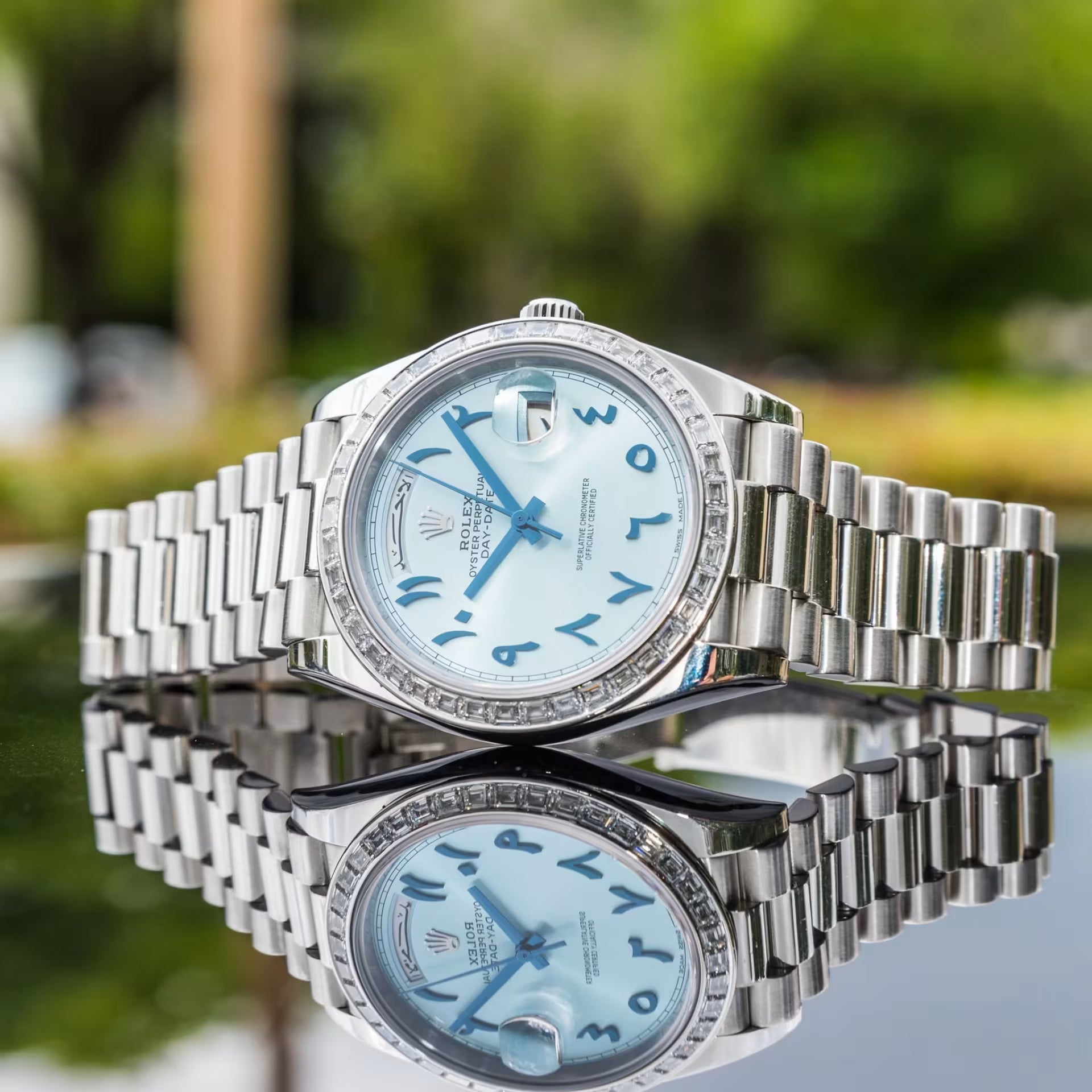 Rolex Day Date 22839TBR Automatic Diamond Bezel Arabic Numerals 40mm Ice Blue Dial Unisex Watch