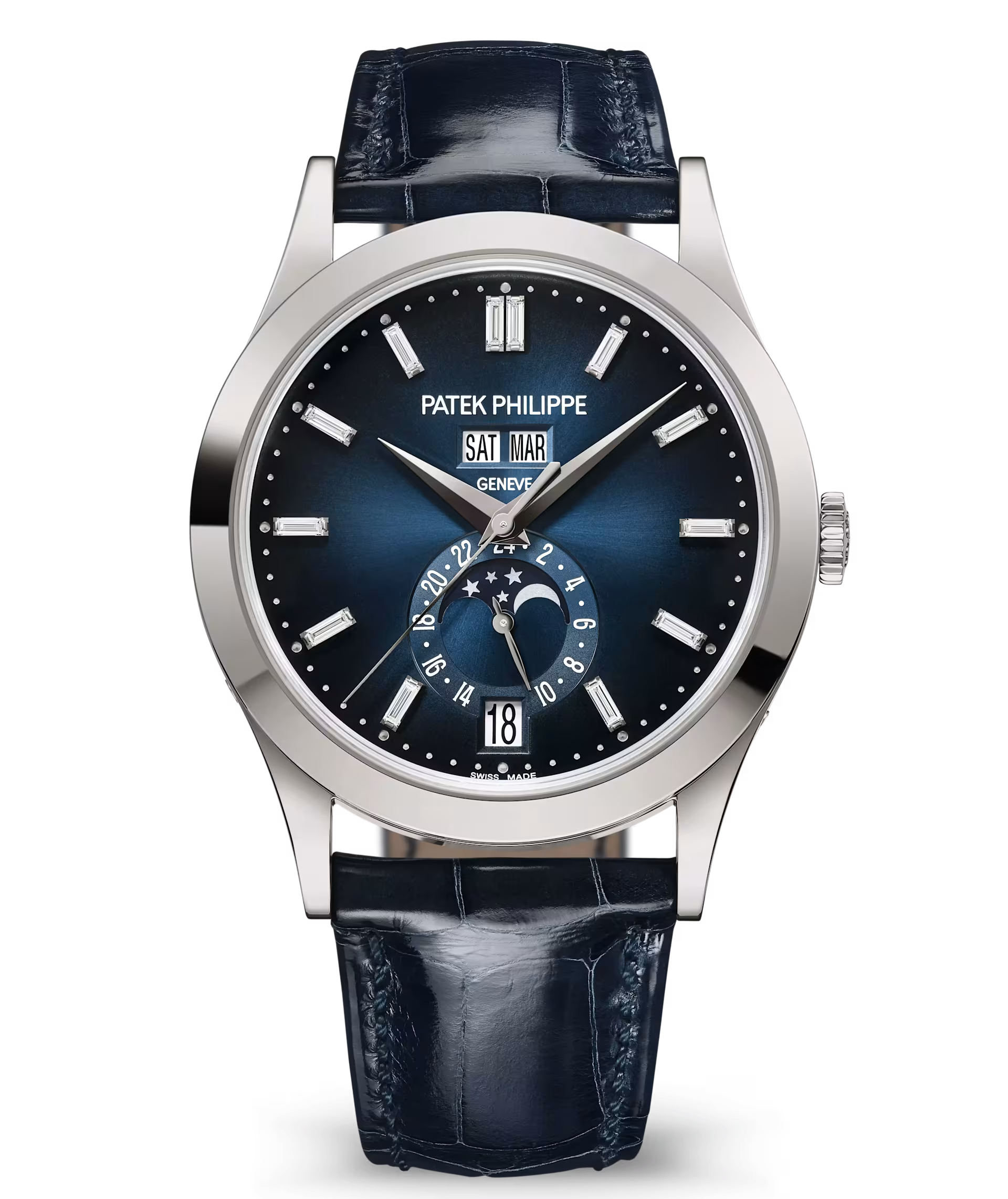 Patek Philippe Complications 5396G-017 Annual Calendar Moonphase 18k White Gold 38.5mm Blue Dial Men’s Watch