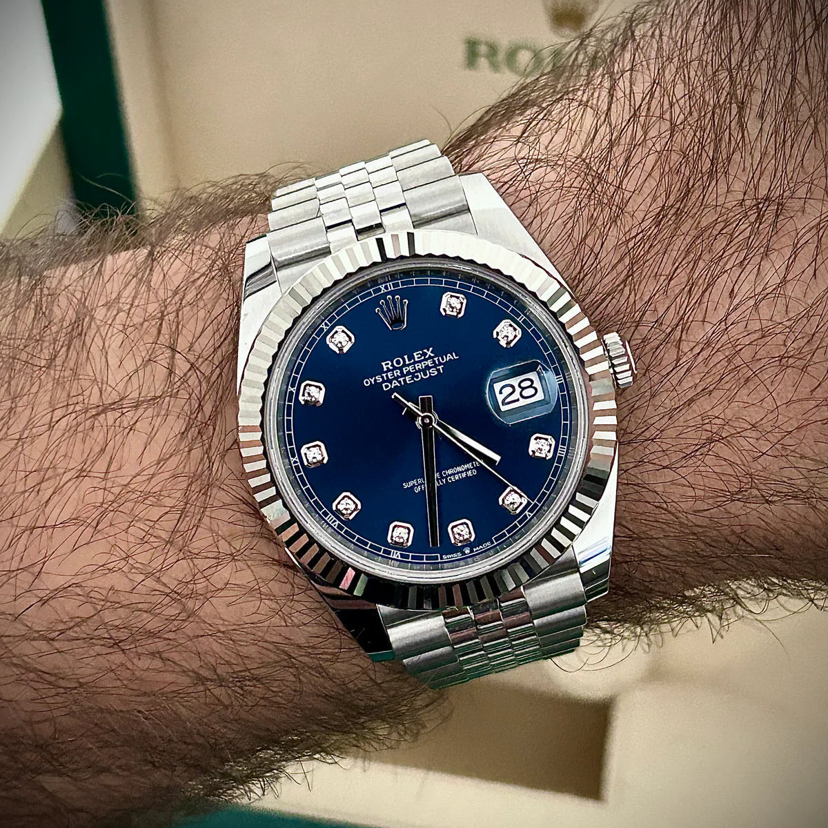 Rolex Datejust 41mm 126334-0015 White Gold Bezel Blue Diamond Dial Fluted Bezel Steel Oyster Bracelet Watch