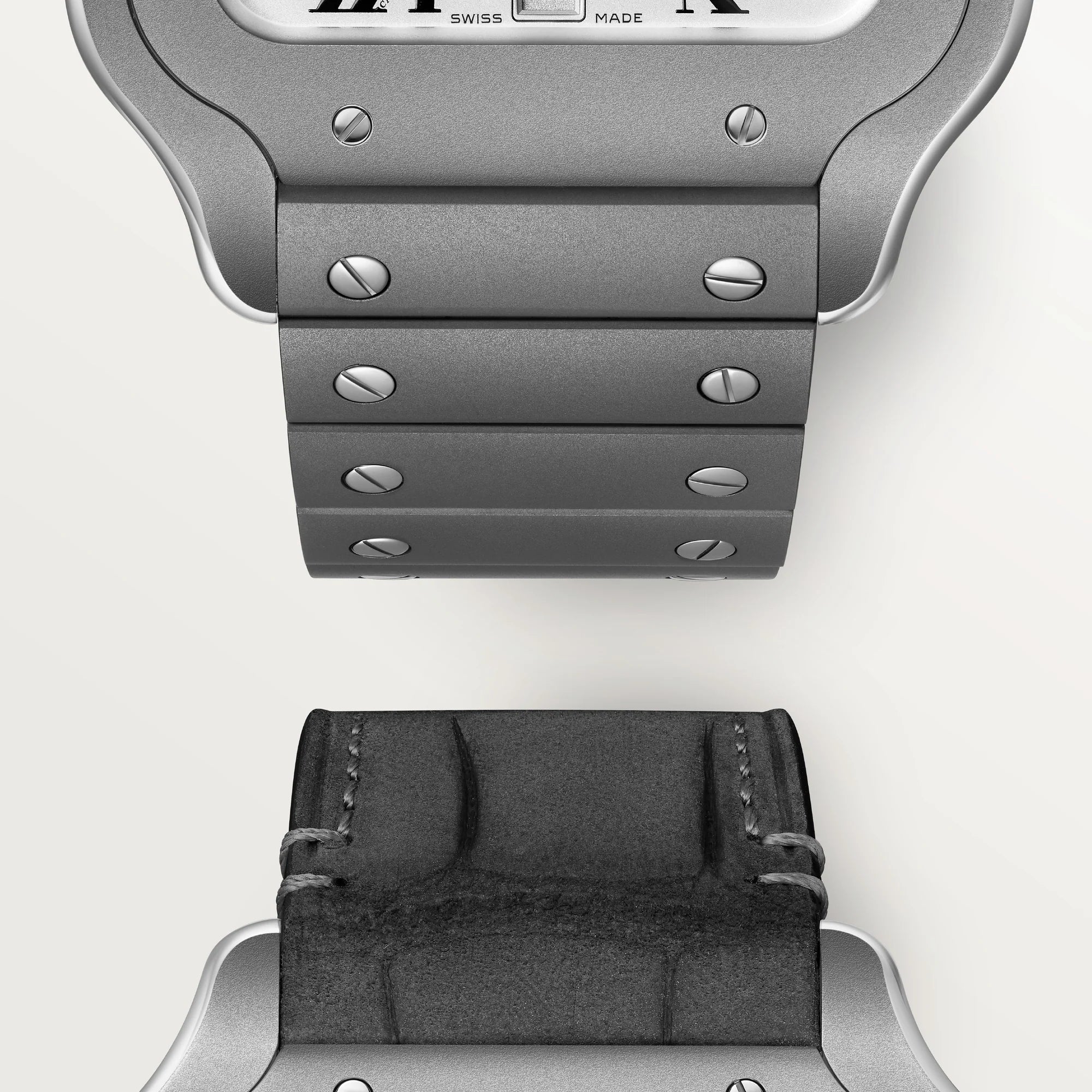Close-up of a watch band with metal links and leather clasp on a white background