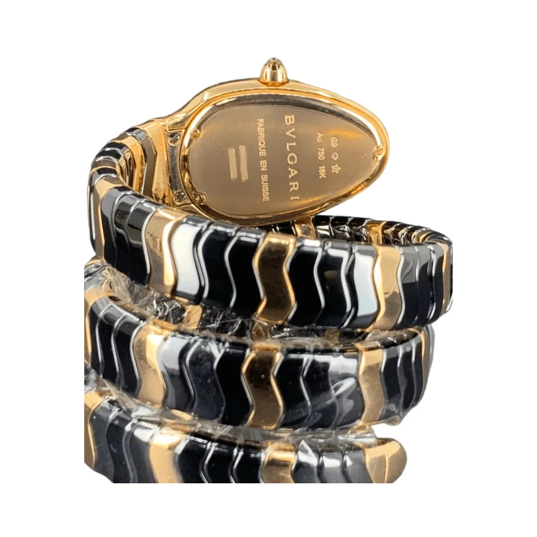 ساعة بولغاري سيربنتي 102128 مرصعة بالألماس مع مينا أسود من الذهب الوردي عيار 18 قيراطًا