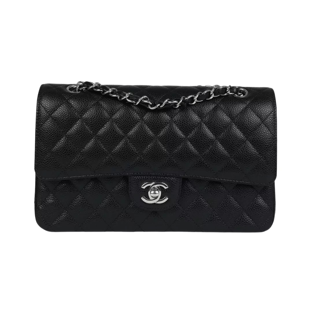 Chanel Classic Black Caviar Quilted Medium Double Flap Silver HW Handbag