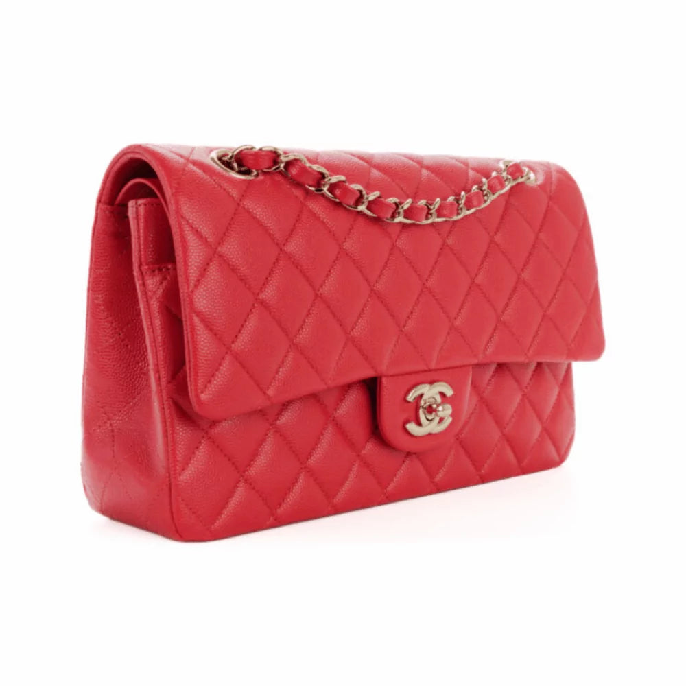 Chanel Classic Red Caviar Quilted Medium Double Flap Gold HW Handbag