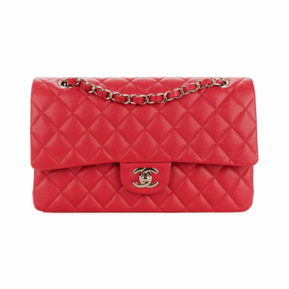 Chanel Classic Red Caviar Quilted Medium Double Flap Gold HW Handbag