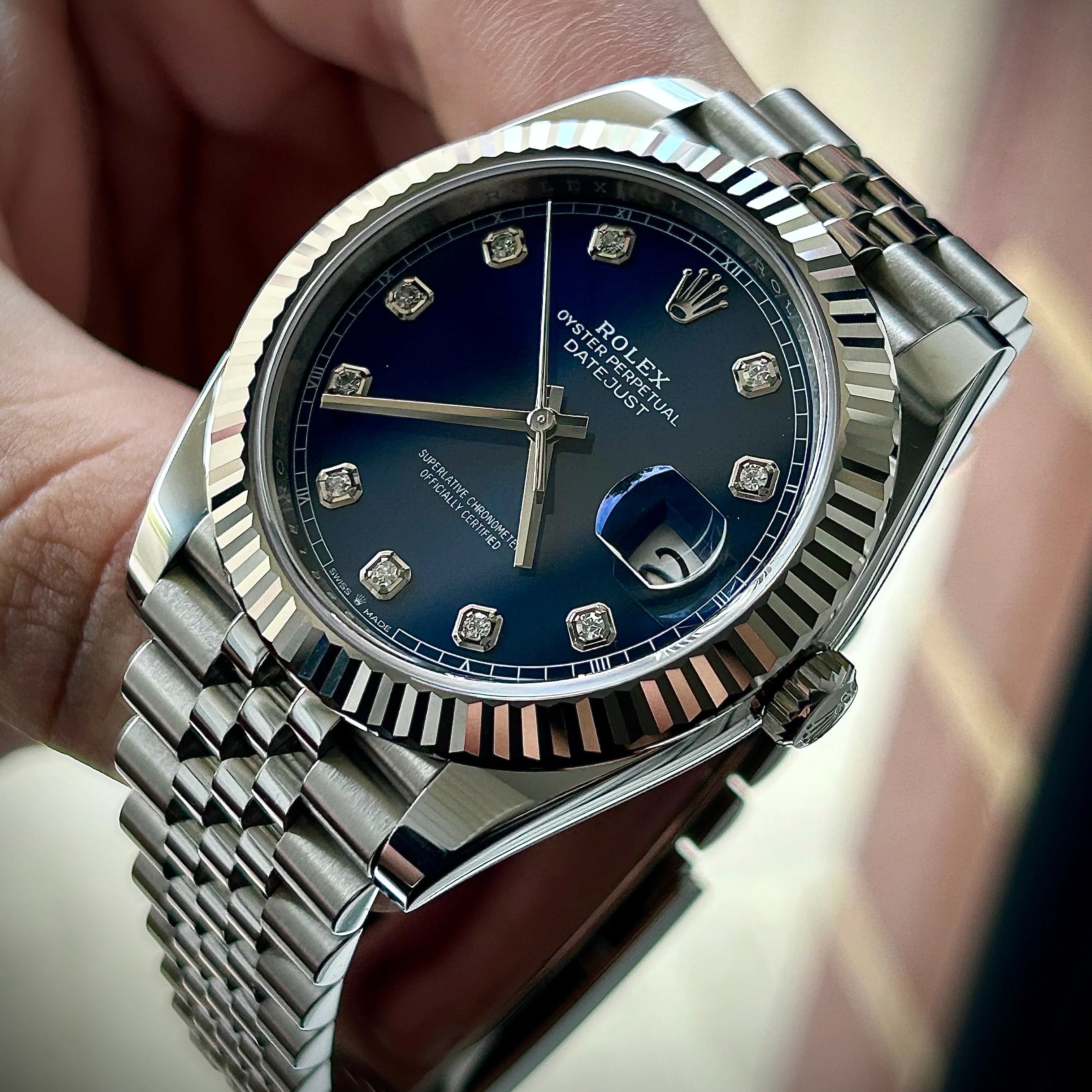 Rolex Datejust 41mm 126334-0015 White Gold Bezel Blue Diamond Dial Fluted Bezel Steel Oyster Bracelet Watch