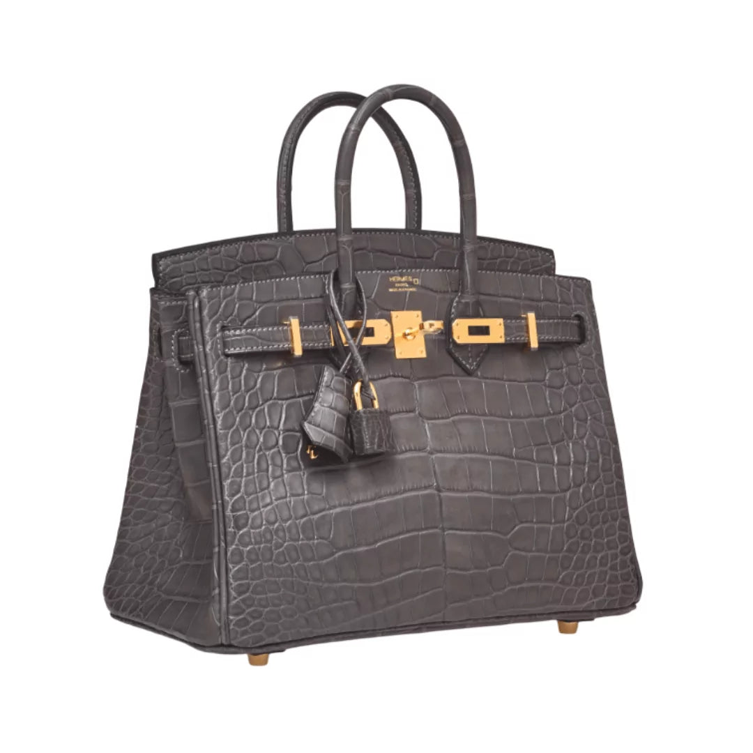 Hermes Birkin 25 Graphite Matte Croco Gold Hardware Handbag