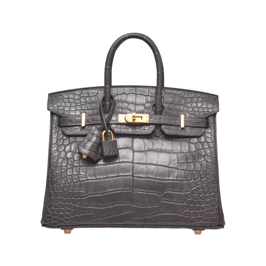 Hermes Birkin 25 Graphite Matte Croco Gold Hardware Handbag