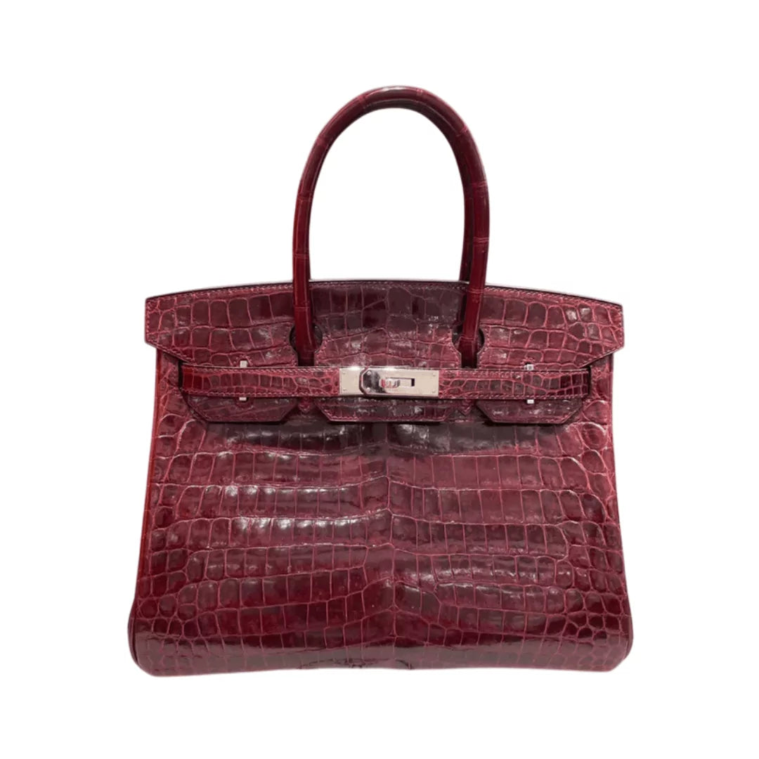 Hermes Birkin 30 Bordeaux Shiny Croco Gold Hardware Handbag