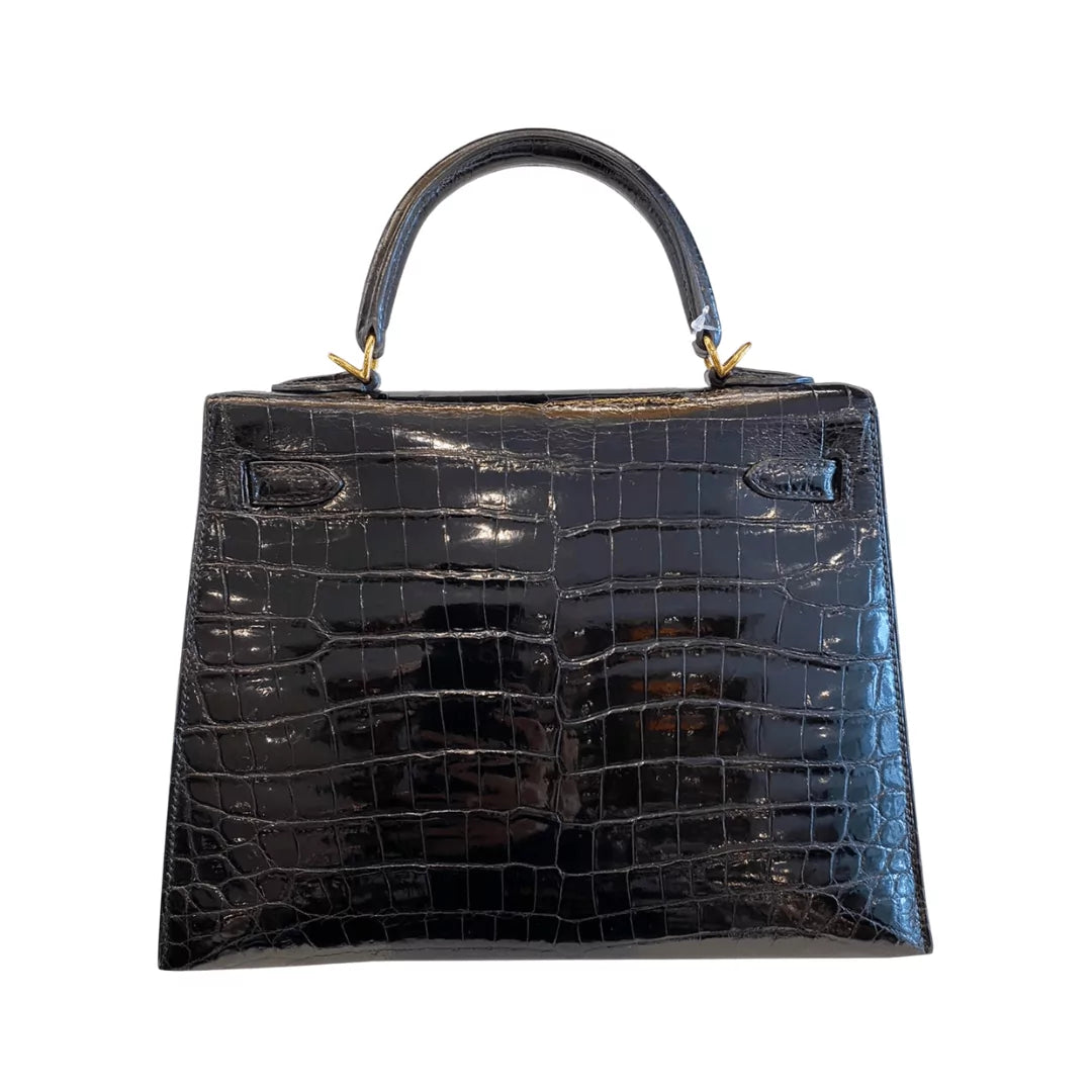 Hermes Kelly 25 Black Shiny Crocodile Gold HW Handbag