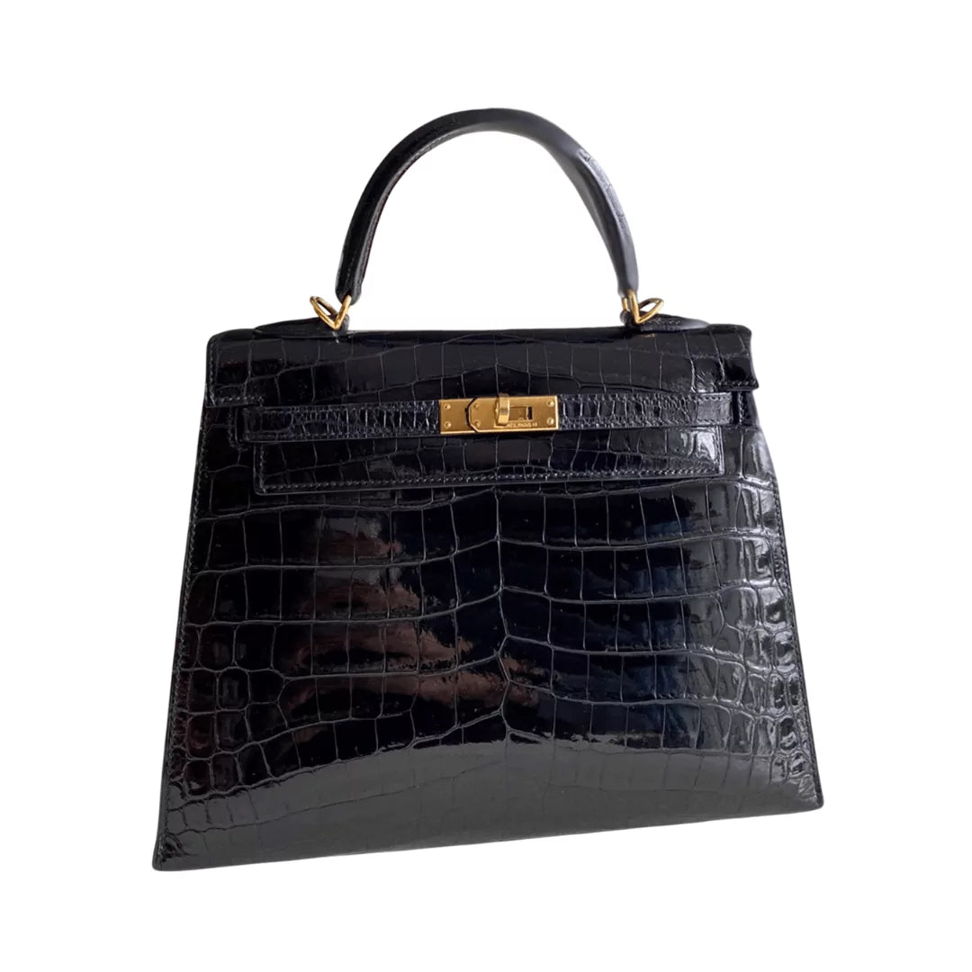 Hermes Kelly 25 Black Shiny Crocodile Gold HW Handbag