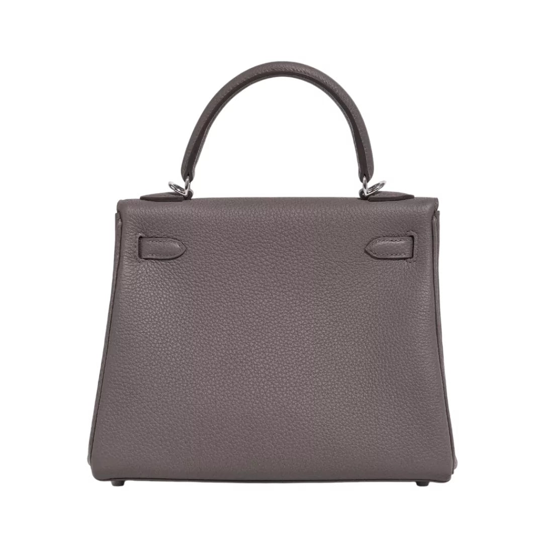 Hermes Kelly 25 Retourne Etain Togo Leather Palladium HW Hardware