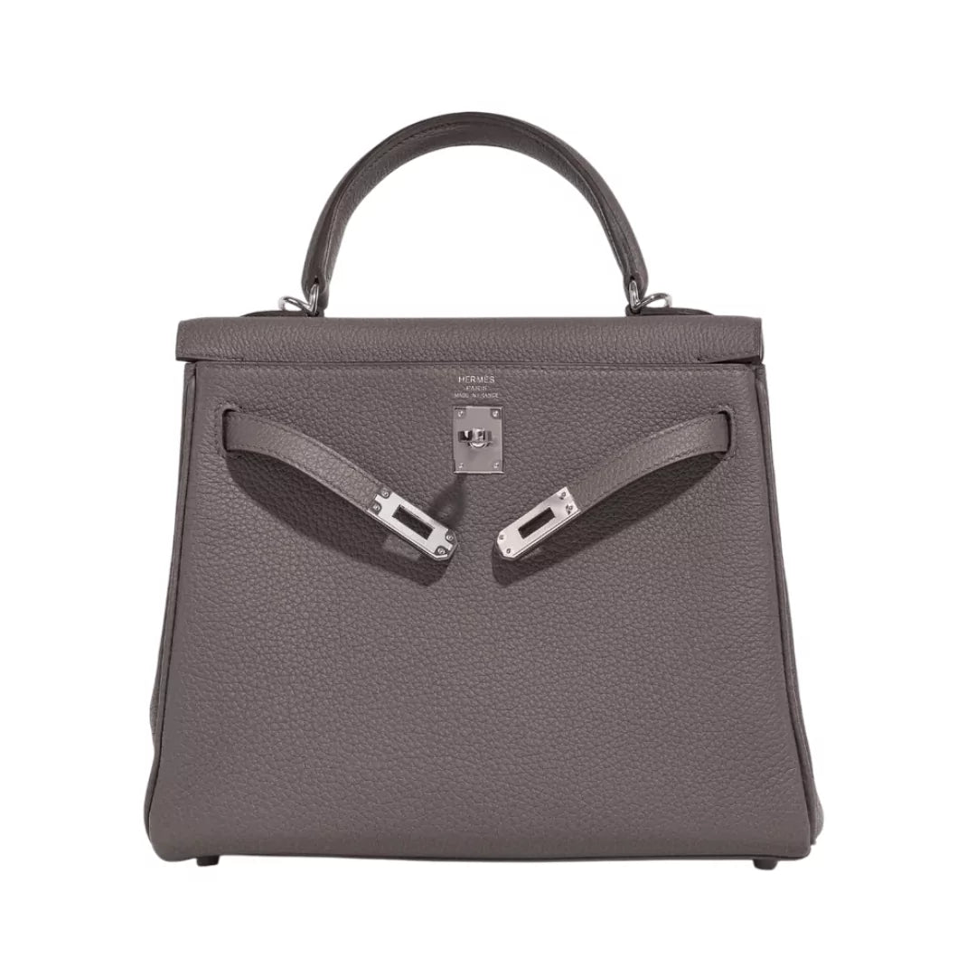 Hermes Kelly 25 Retourne Etain Togo Leather Palladium HW Hardware