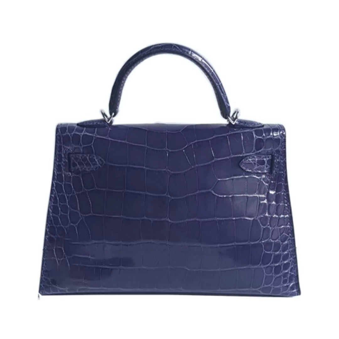Hermes Kelly 28 Blue Encre Shiny Croco Palladium HW Handbag