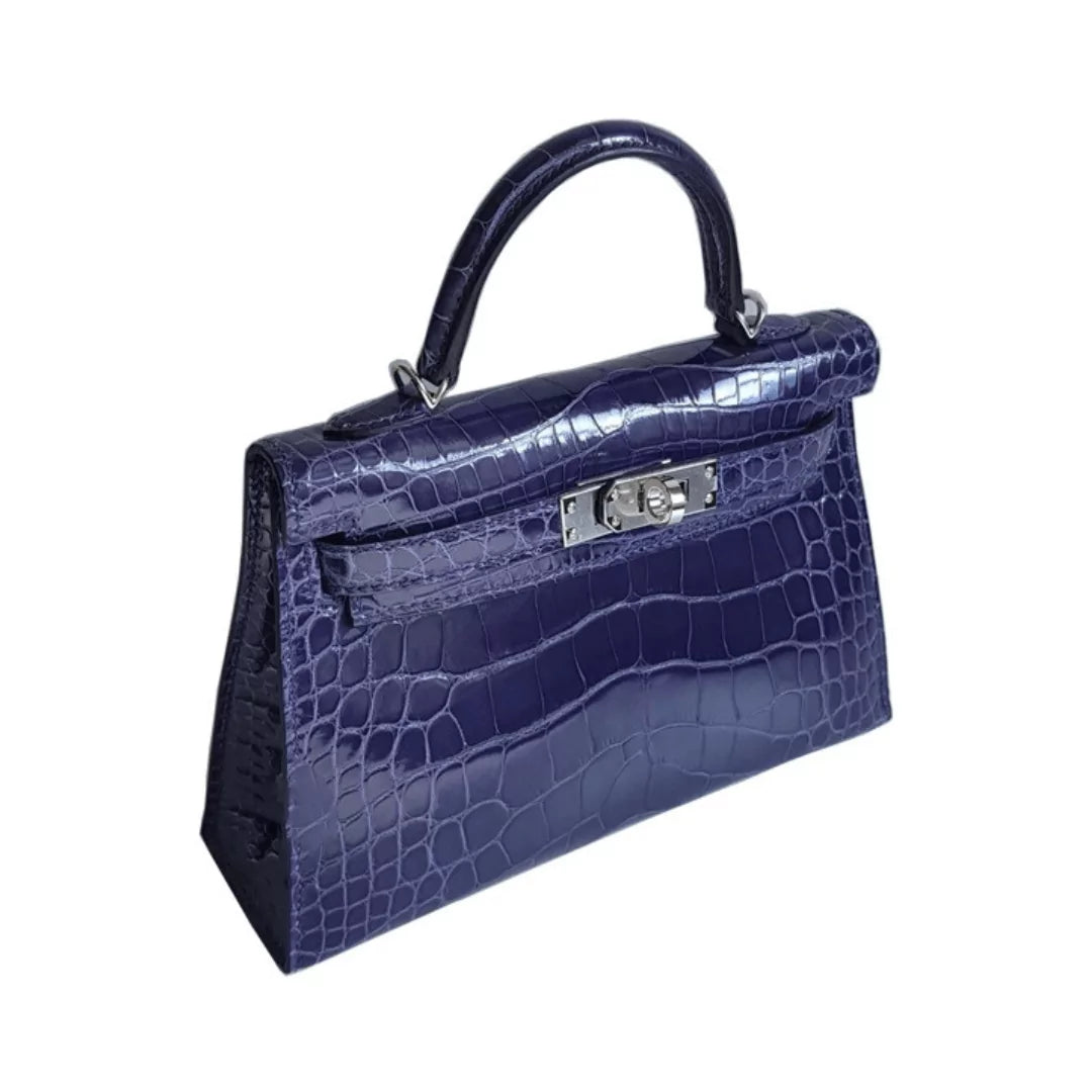 Hermes Kelly 28 Blue Encre Shiny Croco Palladium HW Handbag