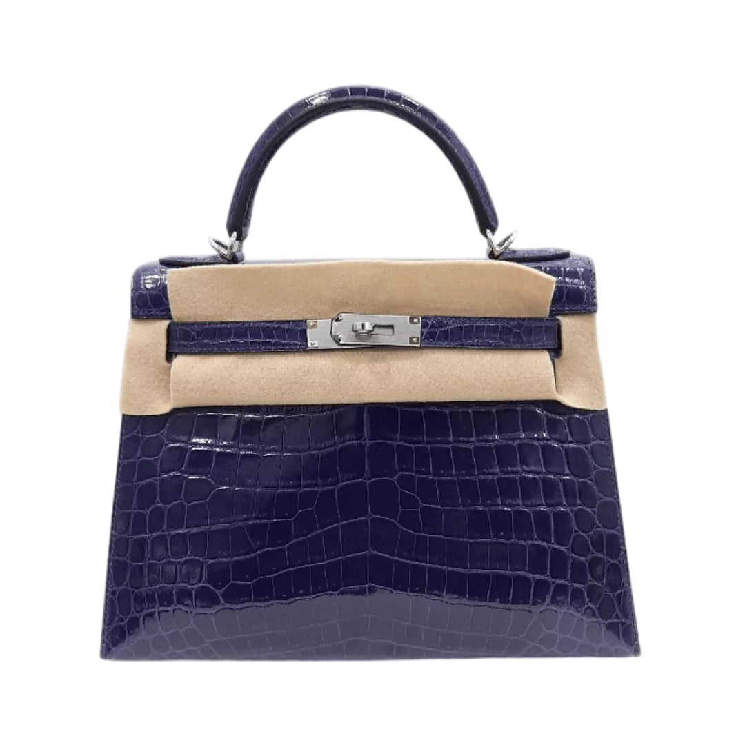 Hermes Kelly 28 Blue Encre Shiny Croco Palladium HW Handbag