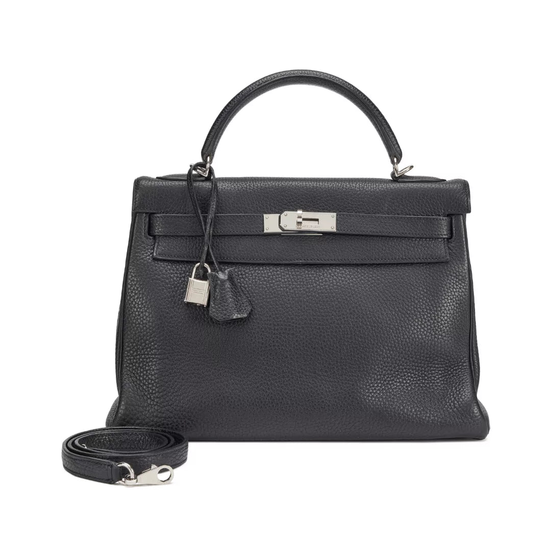 Hermes Kelly 32 Black Clemence Leather Palladium Hardware Hand Bag