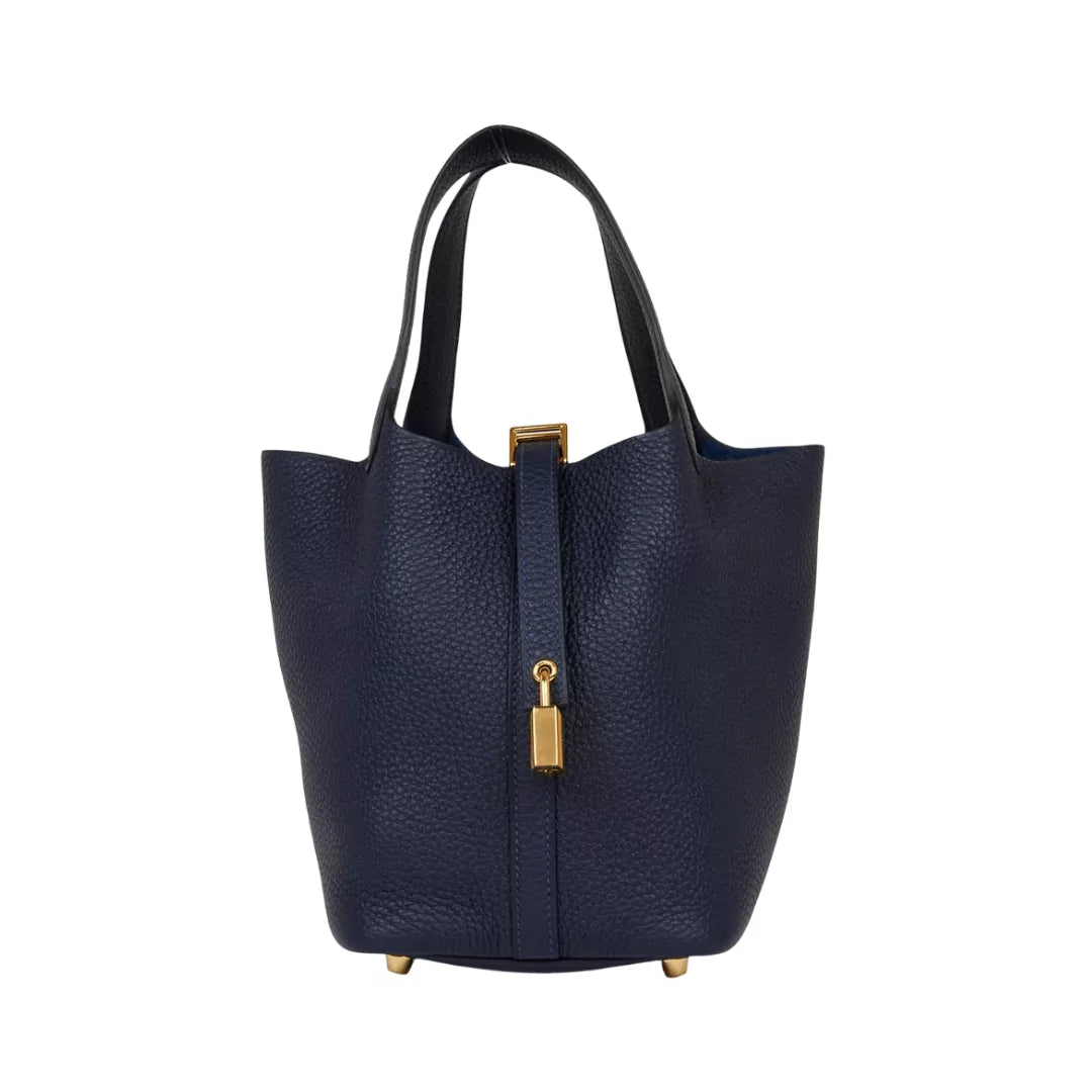 Hermes Picotin 18 Bleu Nuit Taurillon Clemence Leather Gold Hardware Bag