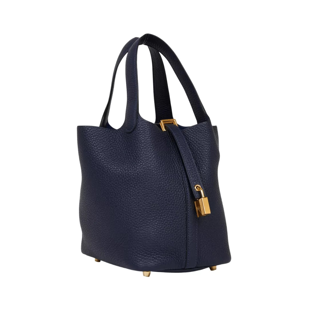 Hermes Picotin 18 Bleu Nuit Taurillon Clemence Leather Gold Hardware Bag
