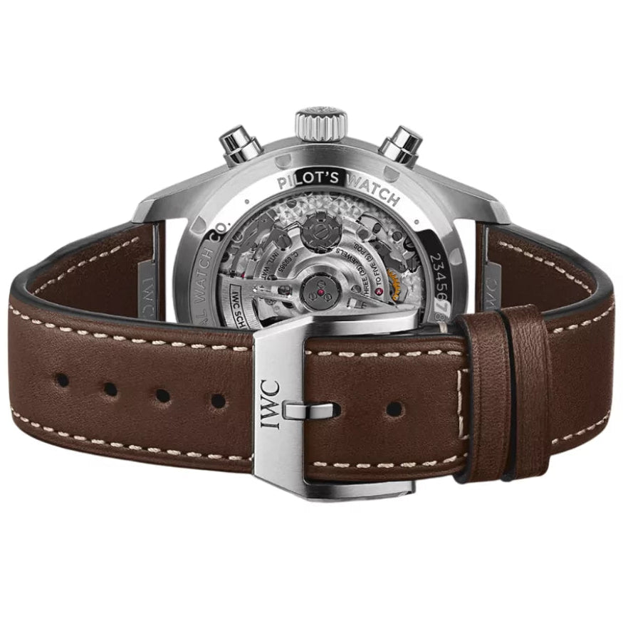 IWC watch with brown leather strap on a white background