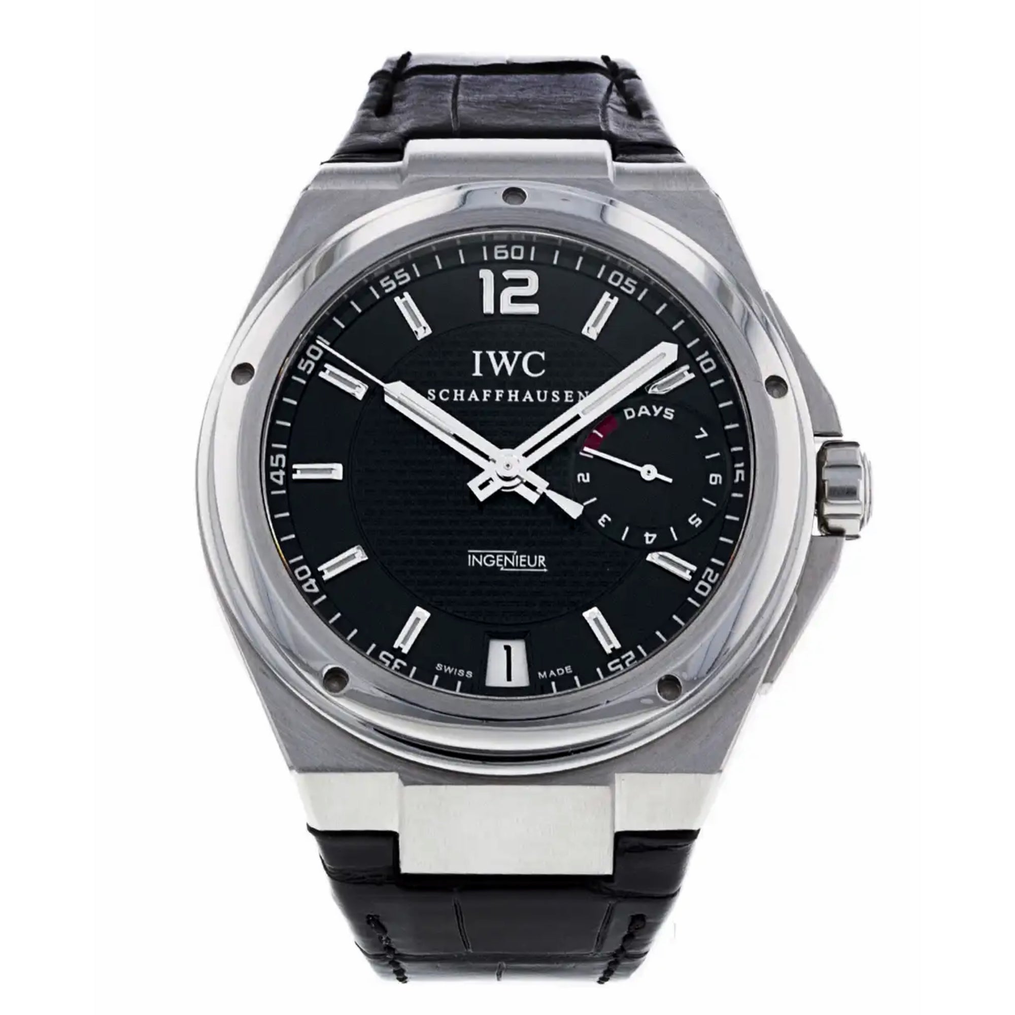 IWC watch with black dial and leather strap on a white background