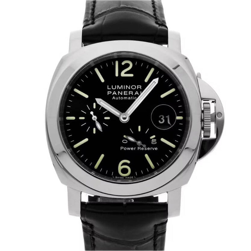 Panerai Luminor watch with black dial and leather strap on a white background