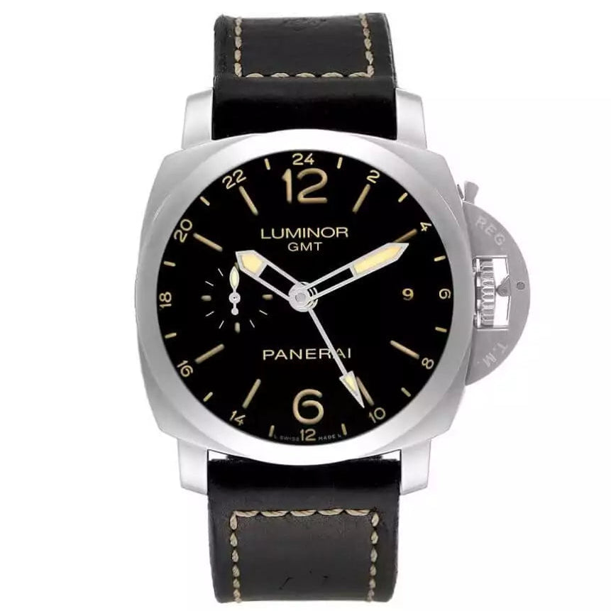 Panerai watch with black dial and leather strap on a white background