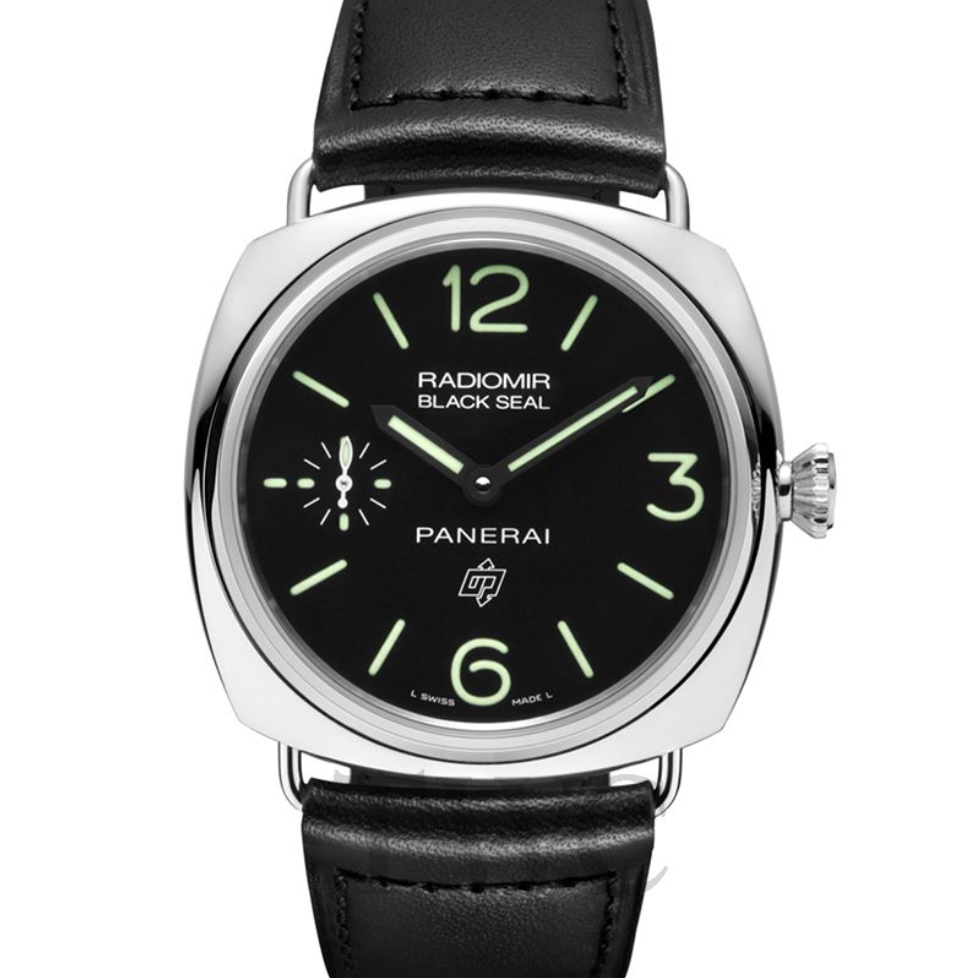Panerai watch with black leather strap and black face on a white background