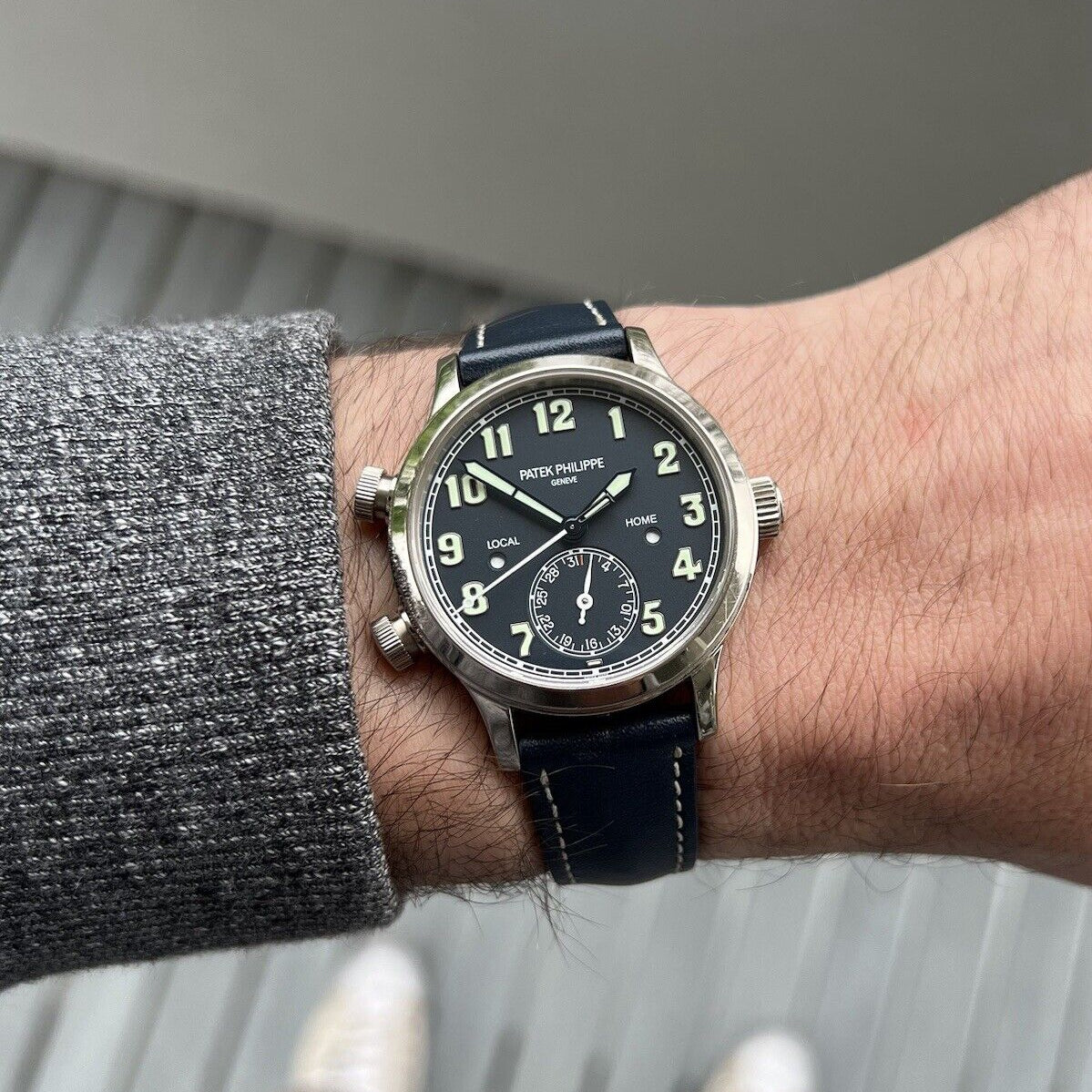 Patek Philippe Complications Calatrava 7234G-001 Blue Varnished Pilot Travel Time 18K White Gold