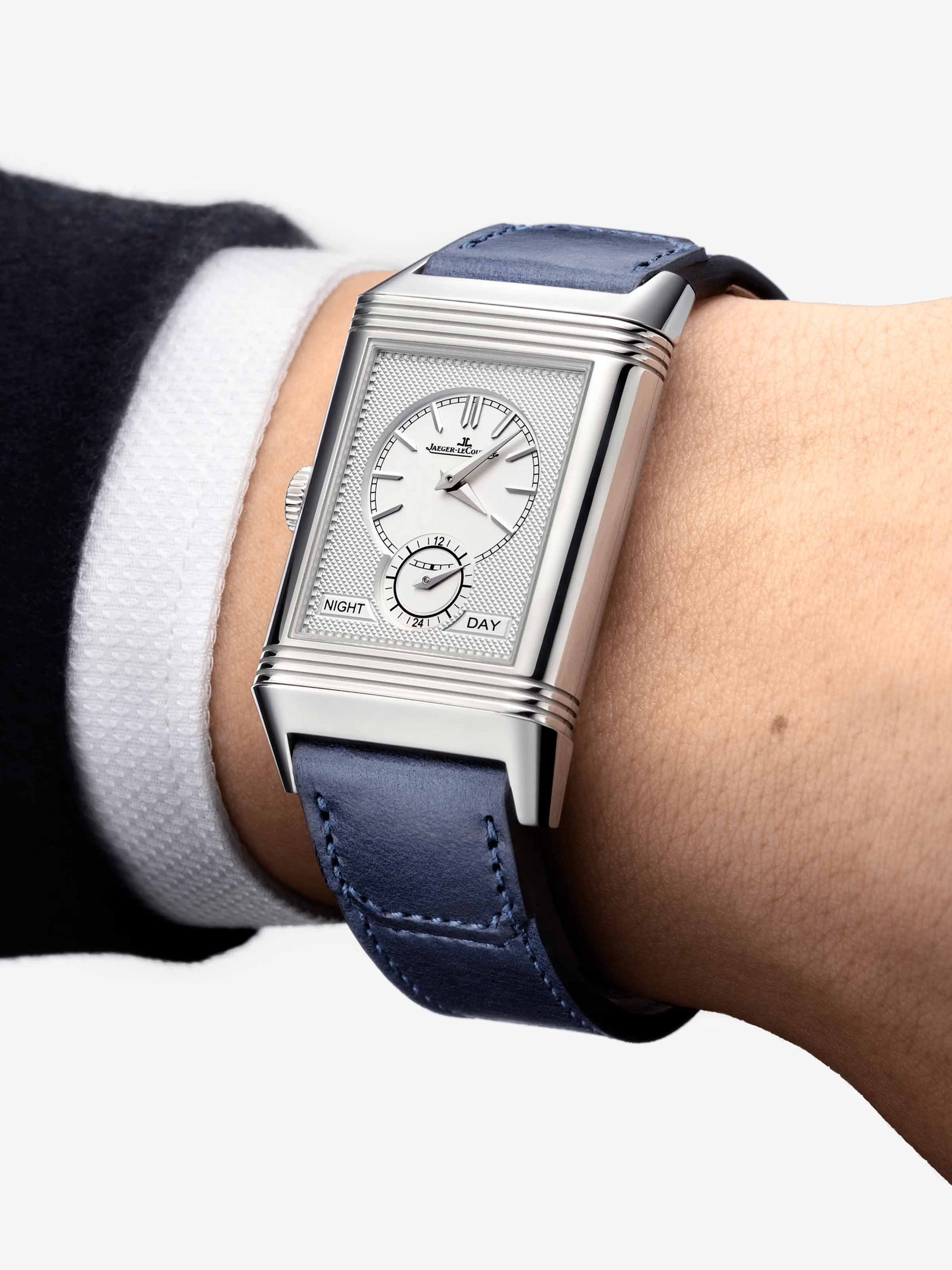 Jaeger-Lecoultre Reverso Tribute Duoface Q3988482 Blue And Grey Dial 47 X 28.3 Mm Stainless Steel Blue Leather Strap Men’S Watch