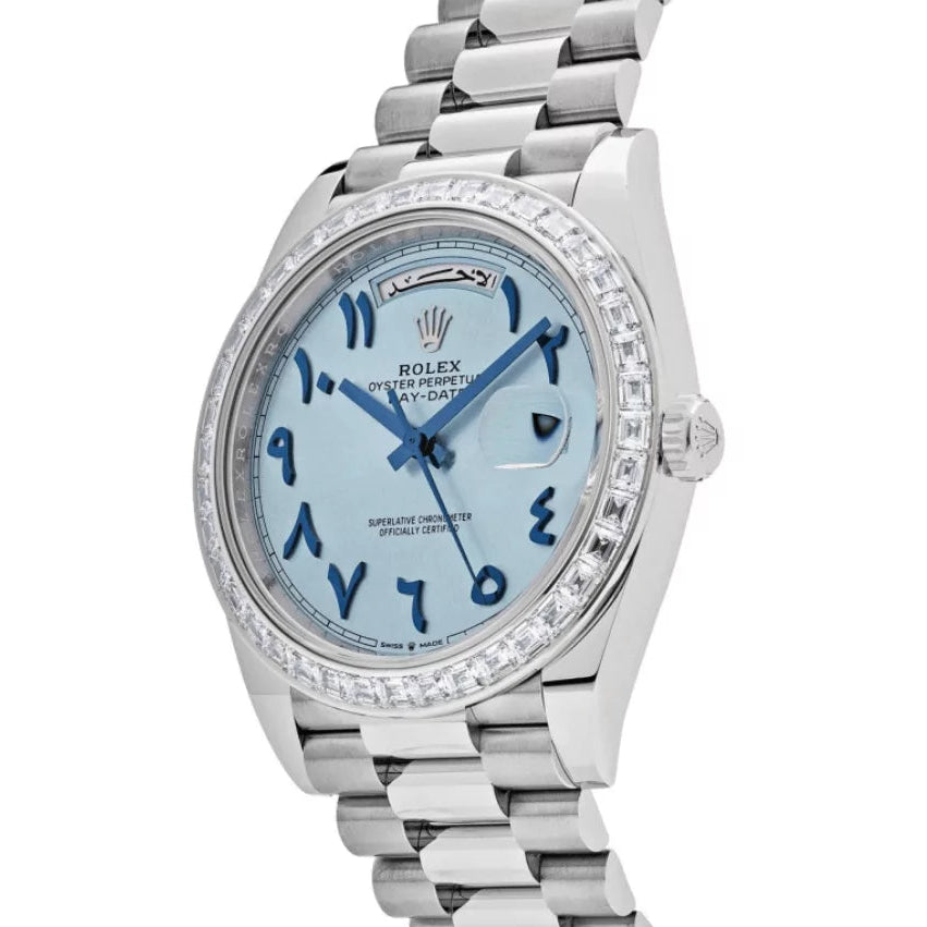 Rolex Day Date 22839TBR Automatic Diamond Bezel Arabic Numerals 40mm Ice Blue Dial Unisex Watch
