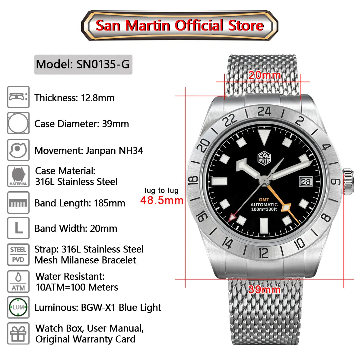 San Martin Automatic 10Bar GMT Mesh Milanese Bracelet 39mm