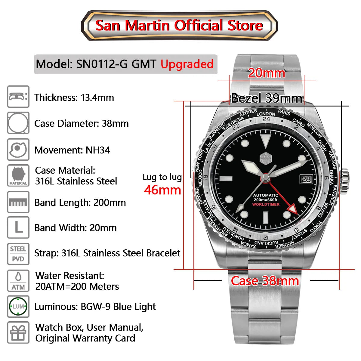 San Martin Diving Automatic/Mechanical Sapphire 200m GMT