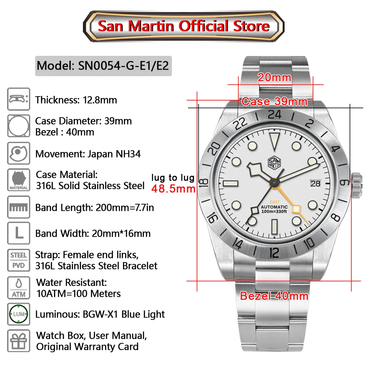 San Martin Automatic 100m GMT 39mm