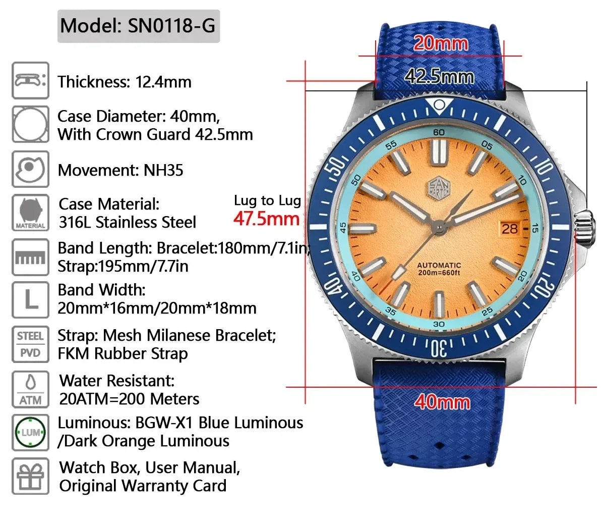 San Martin Automatic 200m Original Design Sapphire Luminous 40mm