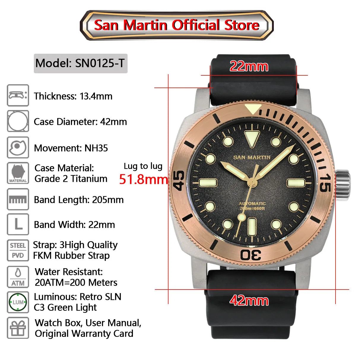 San Martin Retro Titanium Bronze Bezel Diver 200m 42mm