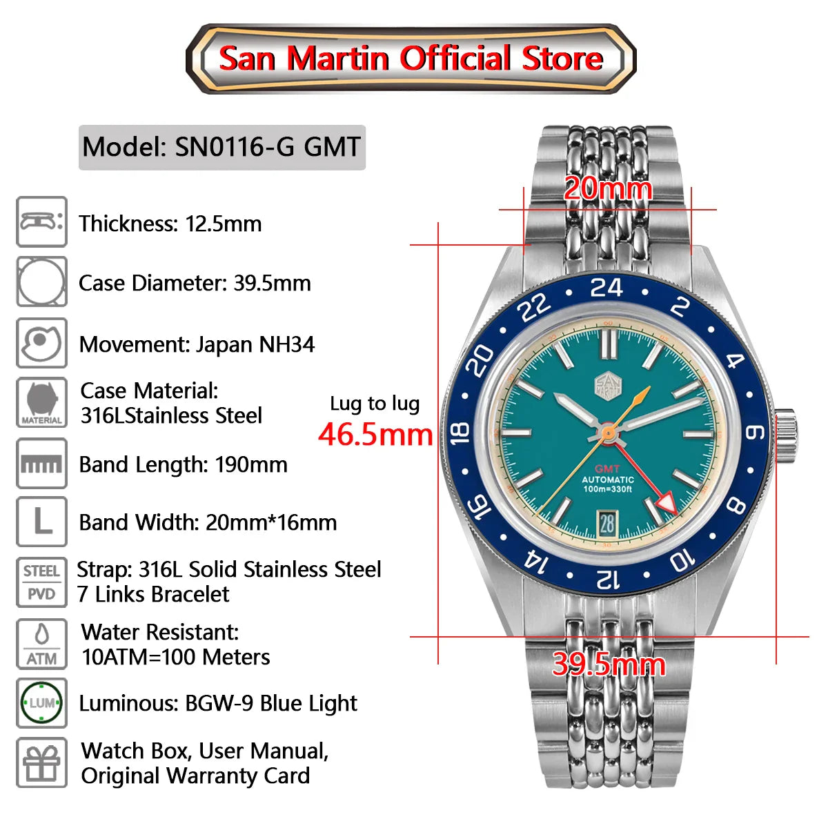 San Martin Original Design 100m Automatic GMT 39.5mm