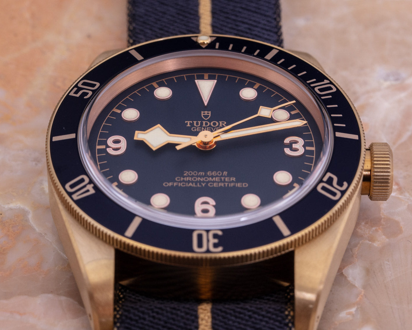 Tudor watch with blue face and gold accents on a marble background