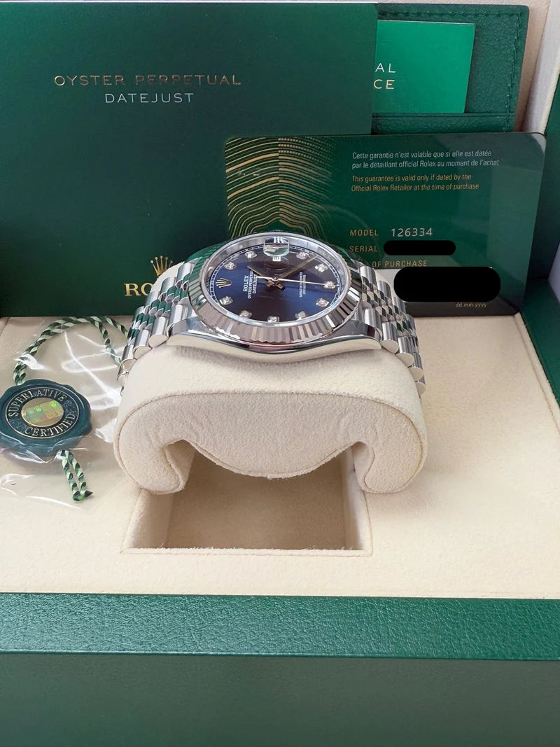 Rolex Datejust 126334-0016 Blue Diamond Dial Fluted Bezel 41mm Stainless Steel Jubilee Bracelet Men’S Watch