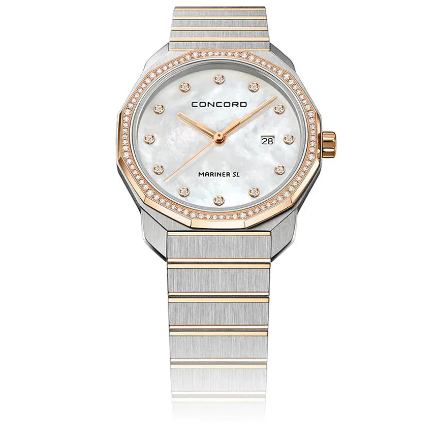 CONCORD WOMEN'S 2 TONE CASE WHITE MOP DIAL DIA BEZEL QUARTZ WATCH