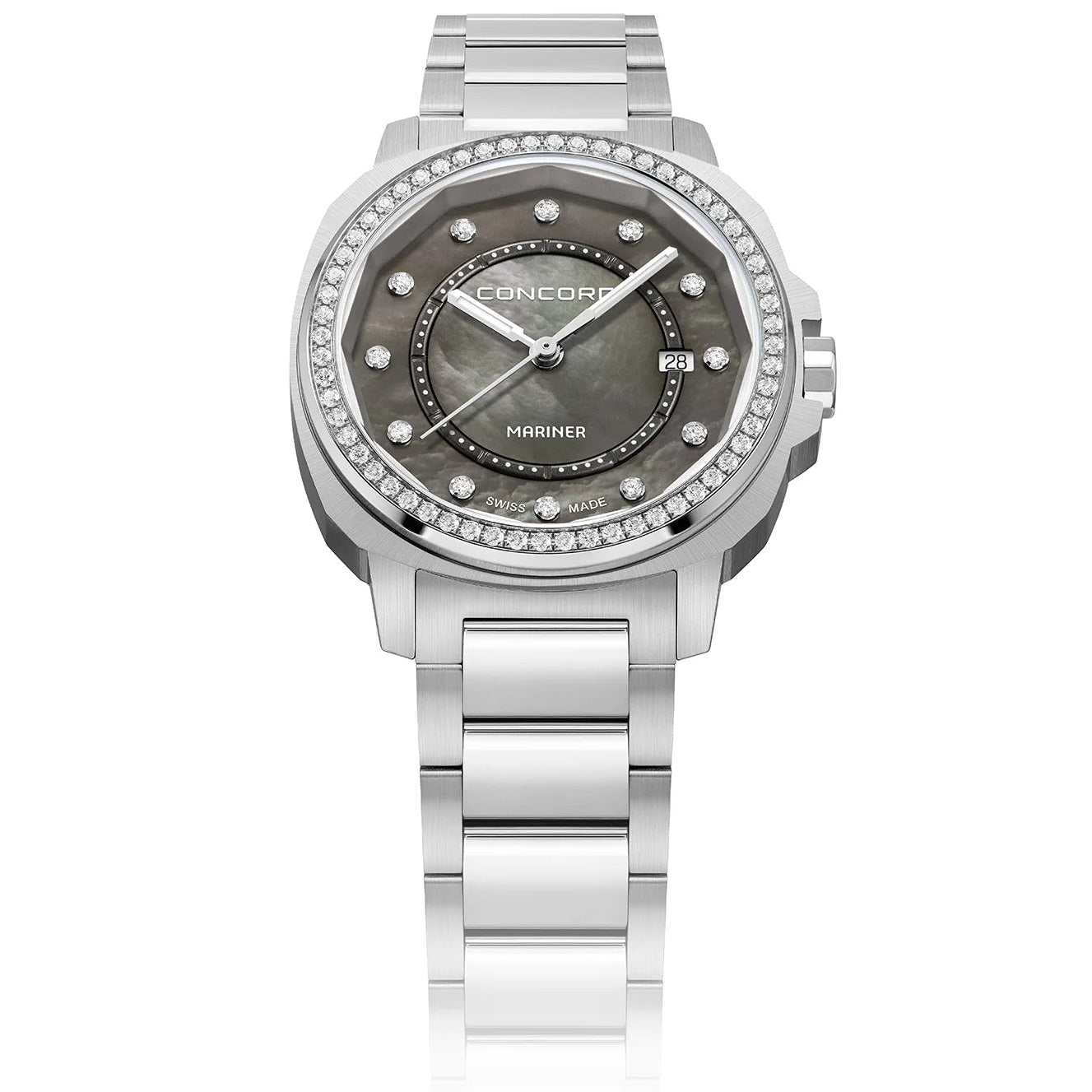 CONCORD WOMEN'S SILVER TONE CASE GREY MOP DIAL DIA BEZEL 0.45CT QUARTZ WATCH