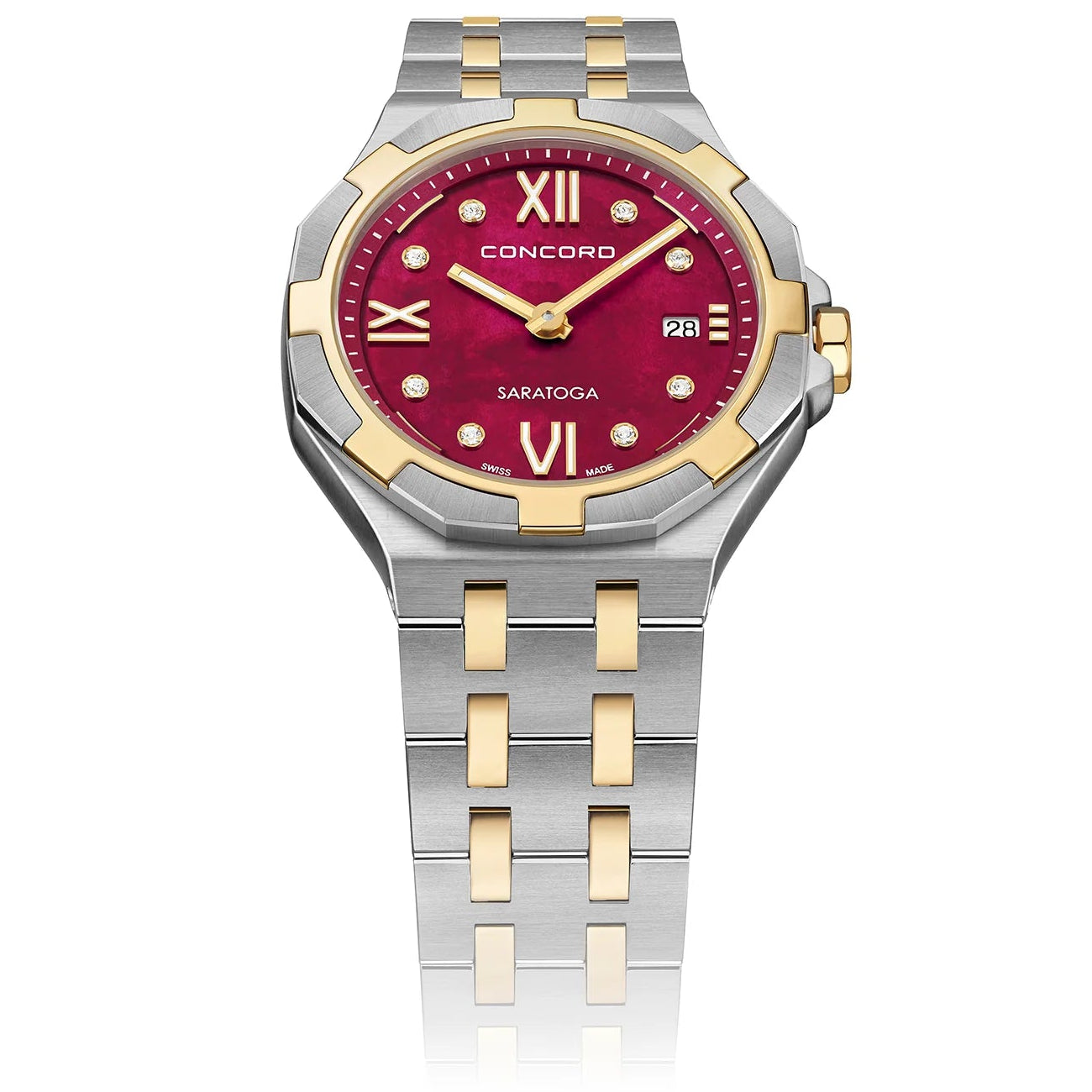 CONCORD WOMEN'S SILVER & GOLD TONE CASE RED MOP DIAL QUARTZ WATCH