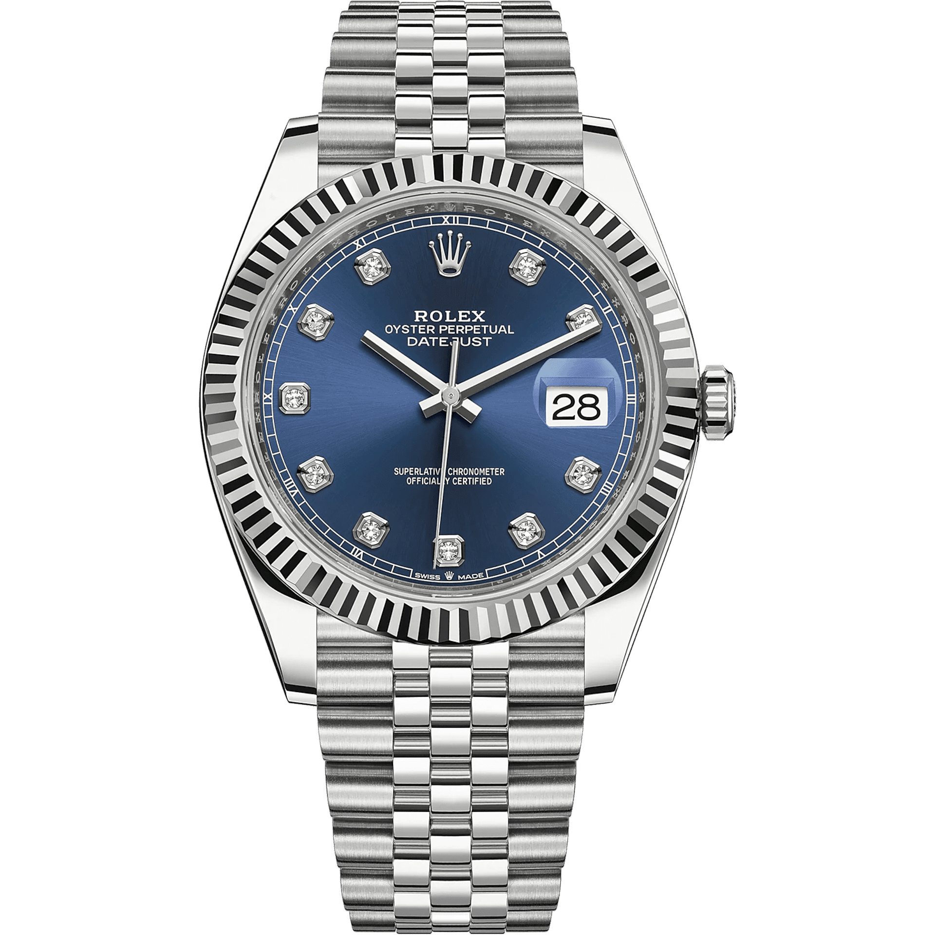 Rolex Datejust 126334-0016 Blue Diamond Dial Fluted Bezel 41mm Stainless Steel Jubilee Bracelet Men’S Watch