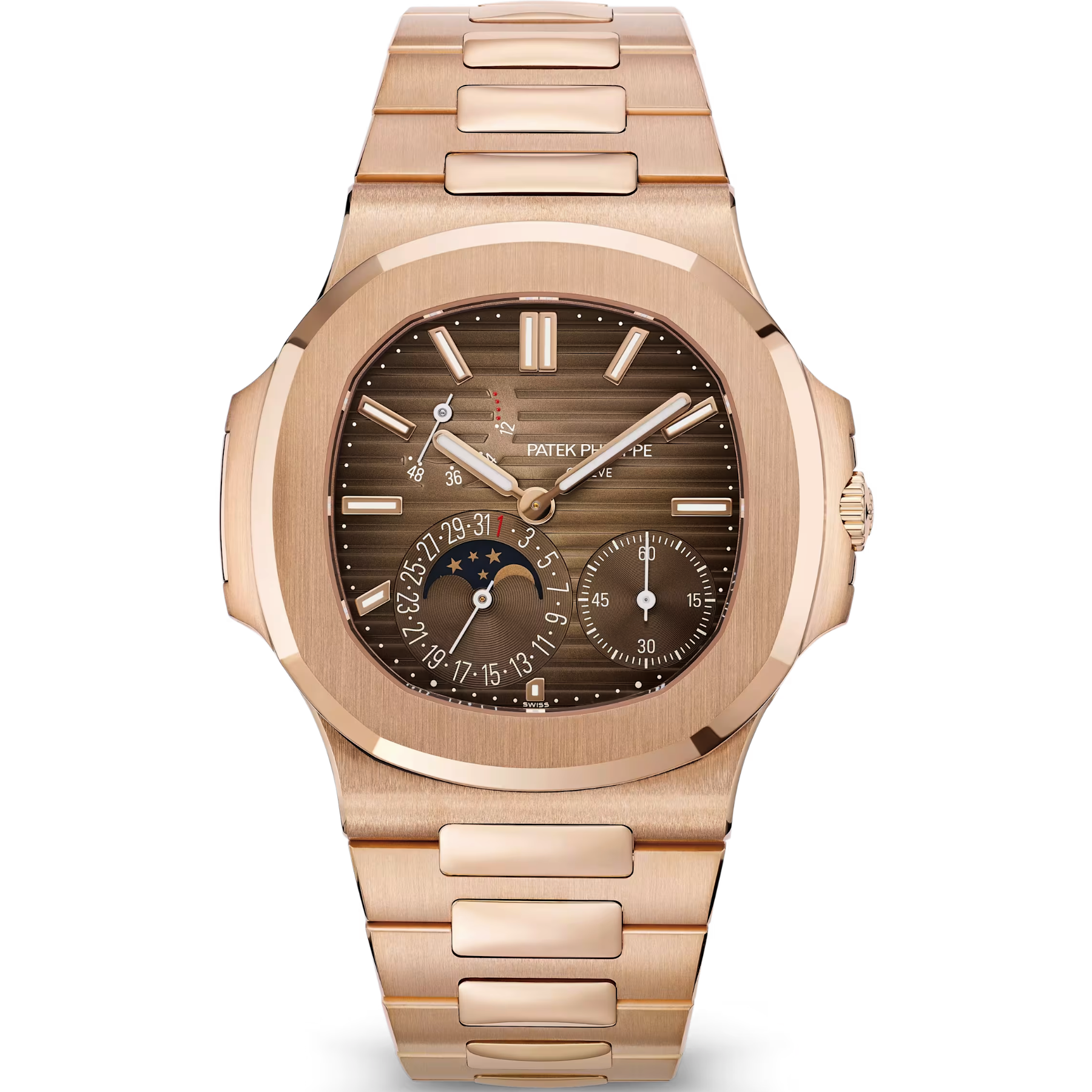 ساعة باتيك فيليب نوتيلوس 5712/1R-001، مصنوعة من الذهب الوردي عيار 18 قيراط، ذاتية التعبئة، قطرها 40 مم، بمؤشرات بنية اللون.