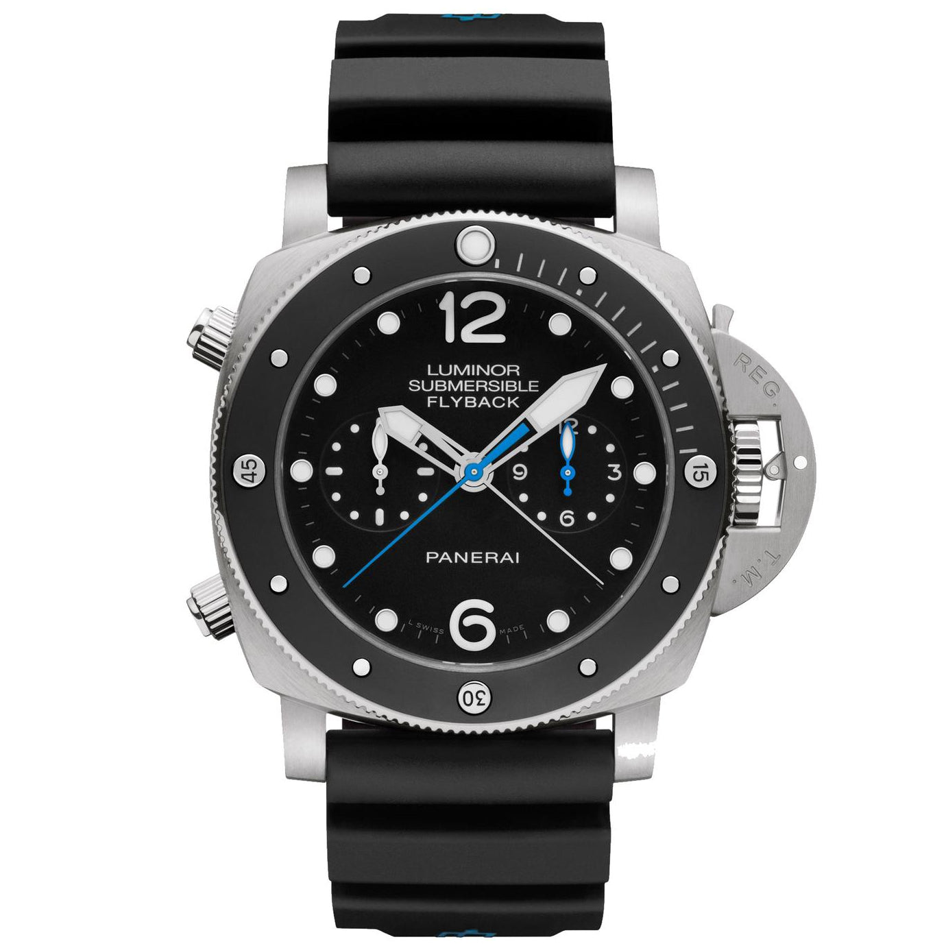 Panerai watch with black strap and detailed face on a white background