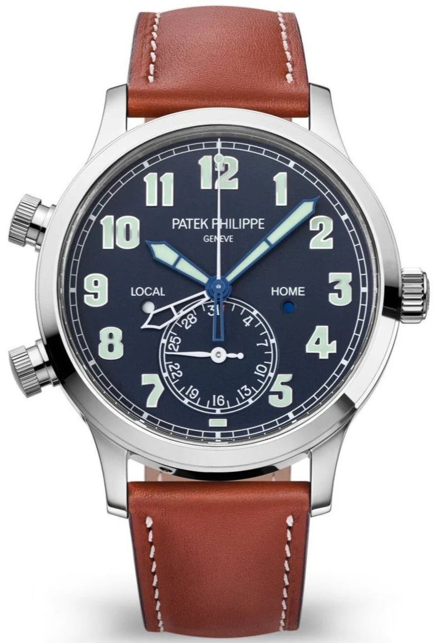 Patek Philippe Complications Calatrava 5524G-001 Pilot Travel Time White Gold Vintage Brown Leather Straps Blue Dial