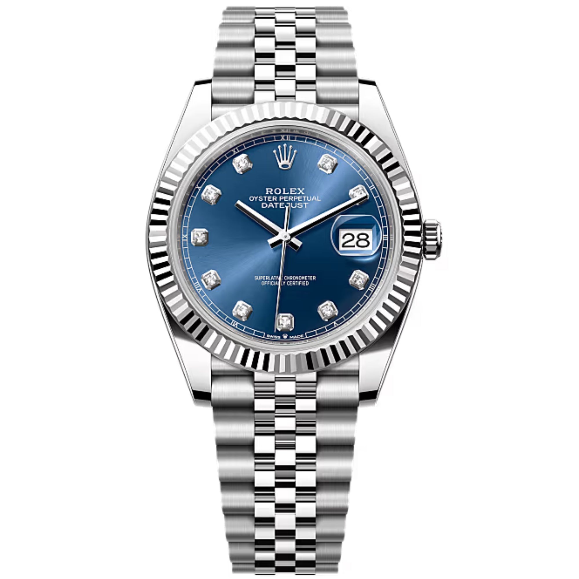 Rolex Datejust 41mm 126334-0015 White Gold Bezel Blue Diamond Dial Fluted Bezel Steel Oyster Bracelet Watch