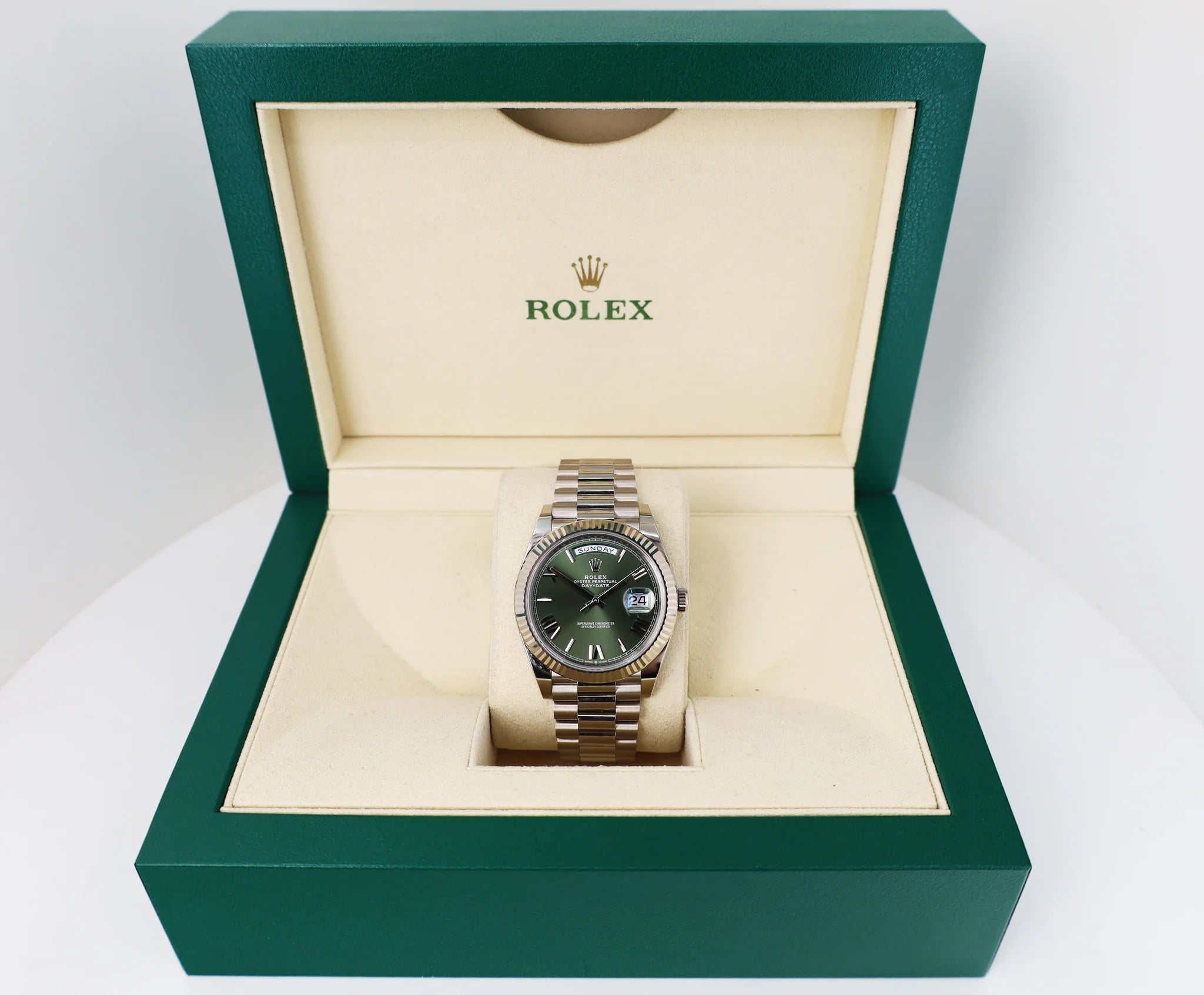 Rolex Day-Date 228239 Ogrp Olive Green Beveled Roman Fluted Bezel Dial 40Mm 18Kt White Gold Jubilee Bracelet Men’S Watch