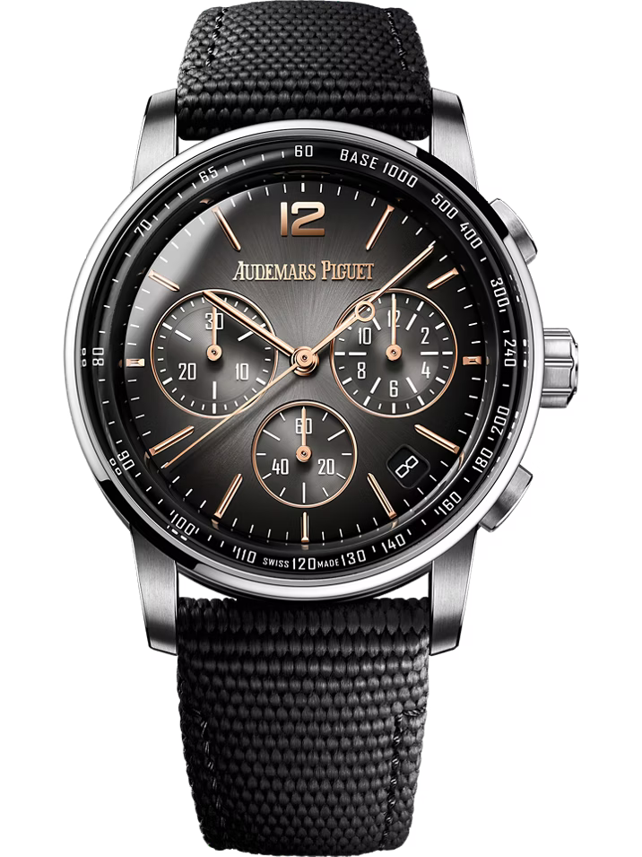 ساعة أوديمار بيغيه كود 11.59 26393Cr.Oo.A002Kb.01، مينا رمادي مطلي بالورنيش المدخن، كرونوغراف ذاتي التعبئة، قطر 41 مم، ساعة رجالية