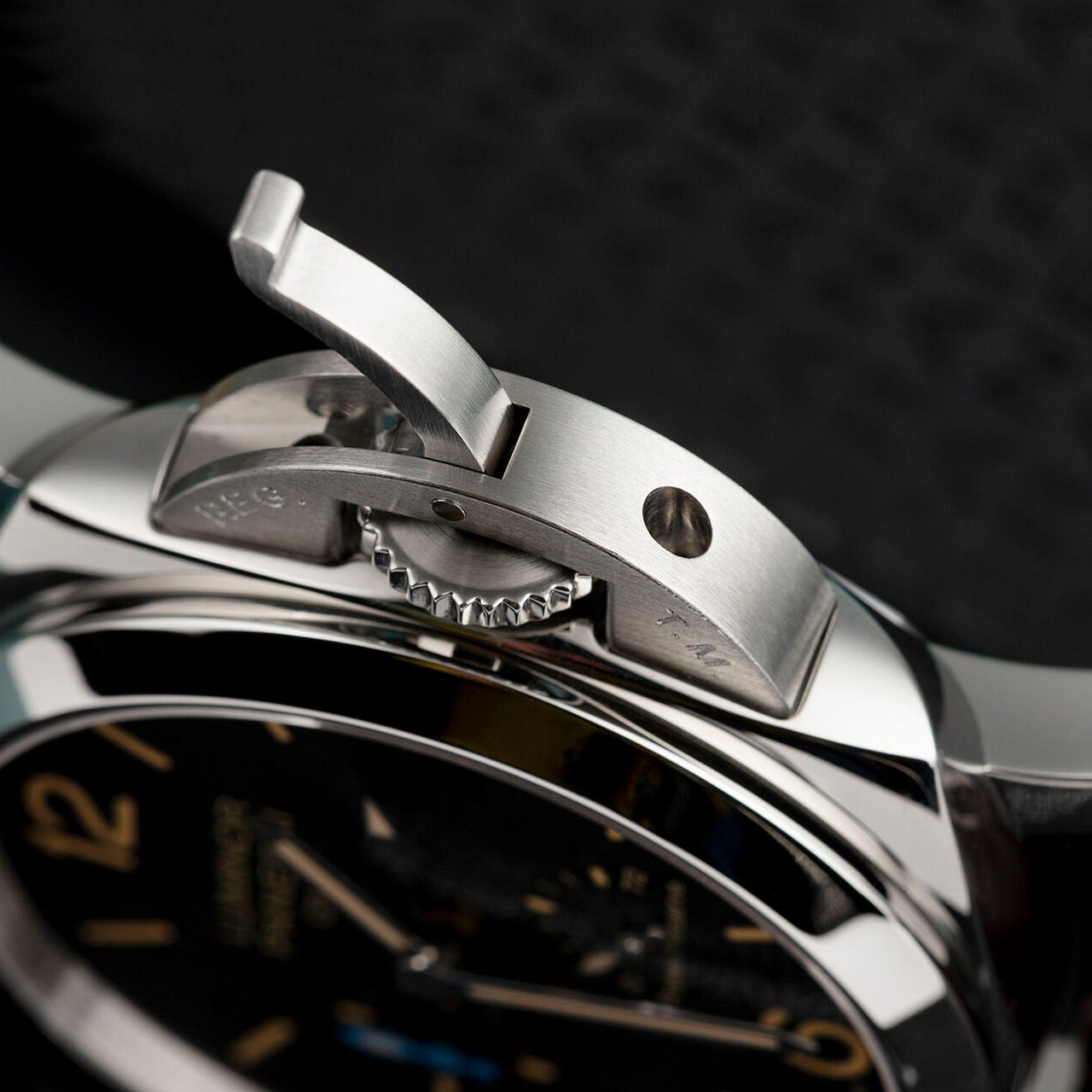 Close-up of a watch's crown and case back on a textured background